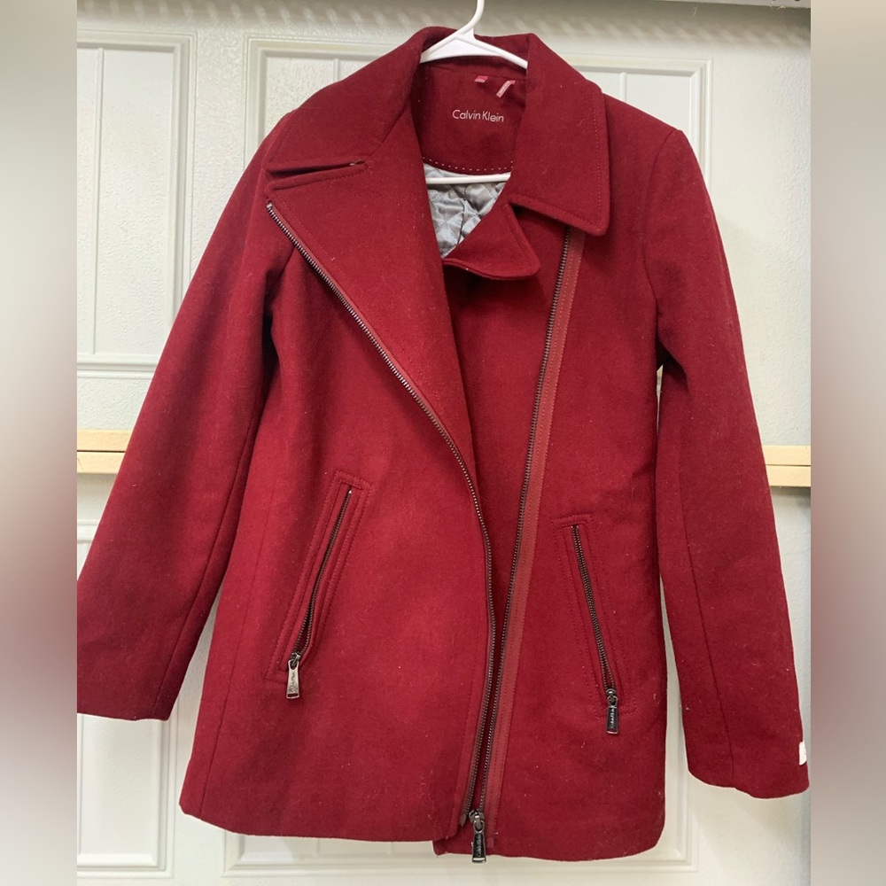 Womens Calvin Klein Wool Burgundy Pea Coat.